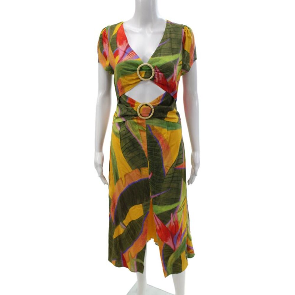 Farm Rio Women Jacket Dress Green Floral VNeck Short Sleeve Linen Blend Size XS
